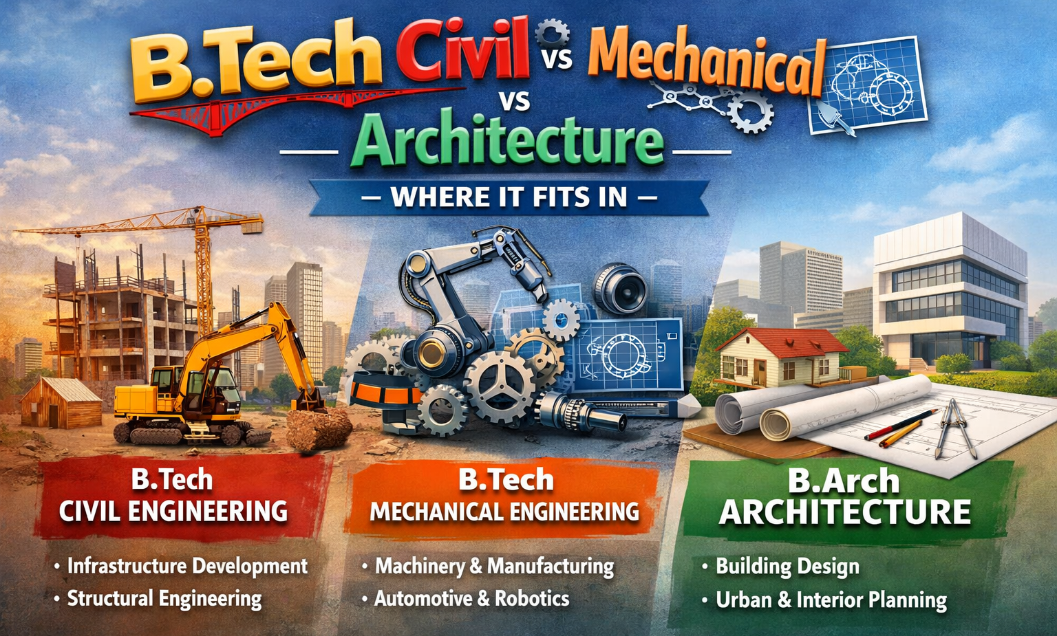 B.Tech Civil vs Mechanical vs Architecture – where it fits in